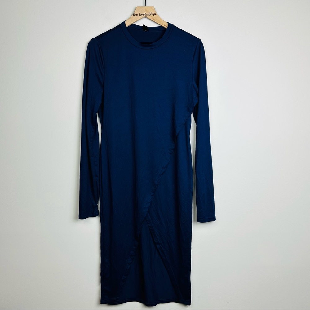 SHEIN Deep Blue Long Sleeve Front Hem Overlap Dress Size Large